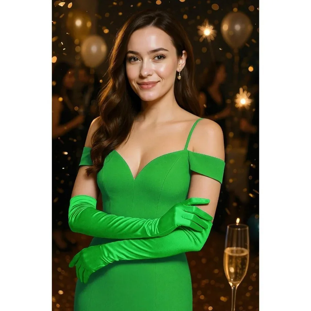 Women's Green Vintage Satin Long Gloves Party Tea Costume Stretchy Elbow Length